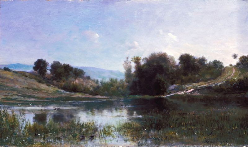Pond at Gylieu de Charles François Daubigny, óleo sobre tela que retrata uma paisagem tranquila com reflexos.