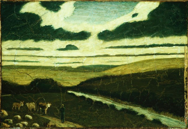 Landscape by Albert Pinkham Ryder, oil painting depicting water and nature.