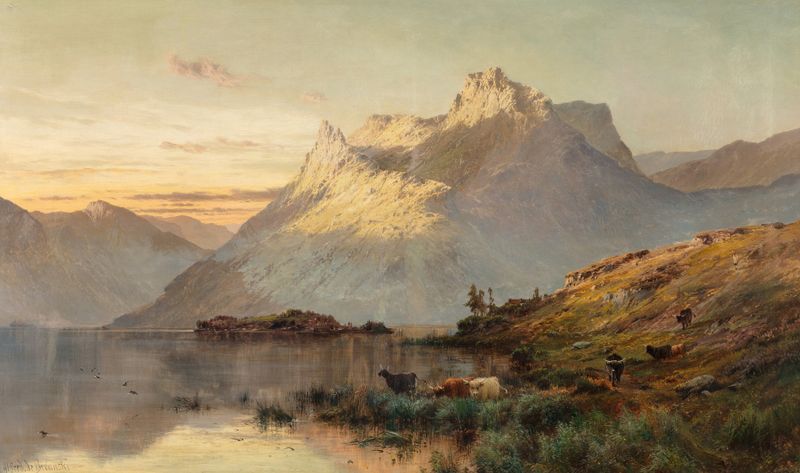 Paisaje de montañas envueltas en niebla, óleo de Alfred de Bréanski