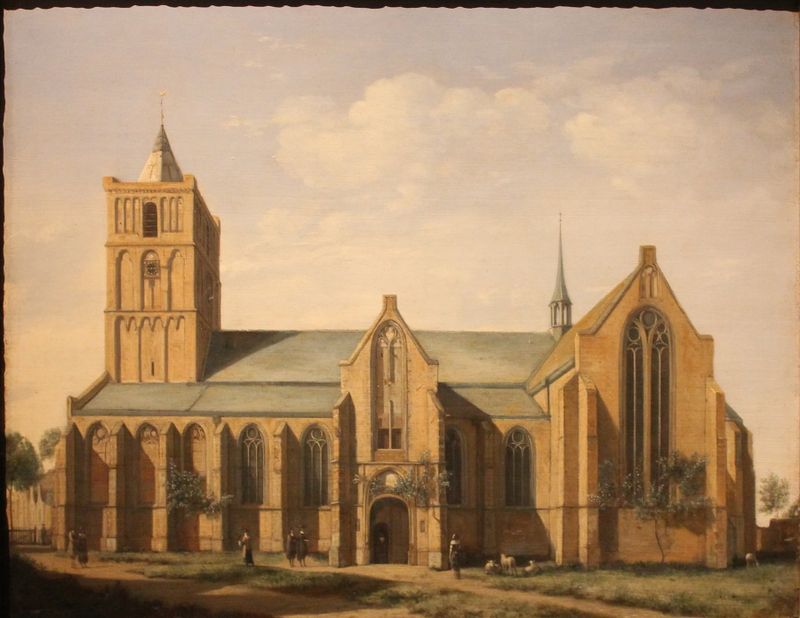 The Church of Noordwijk by Gerrit Adriaensz. Berckheyde, oil painting depicting a church steeple and façade.