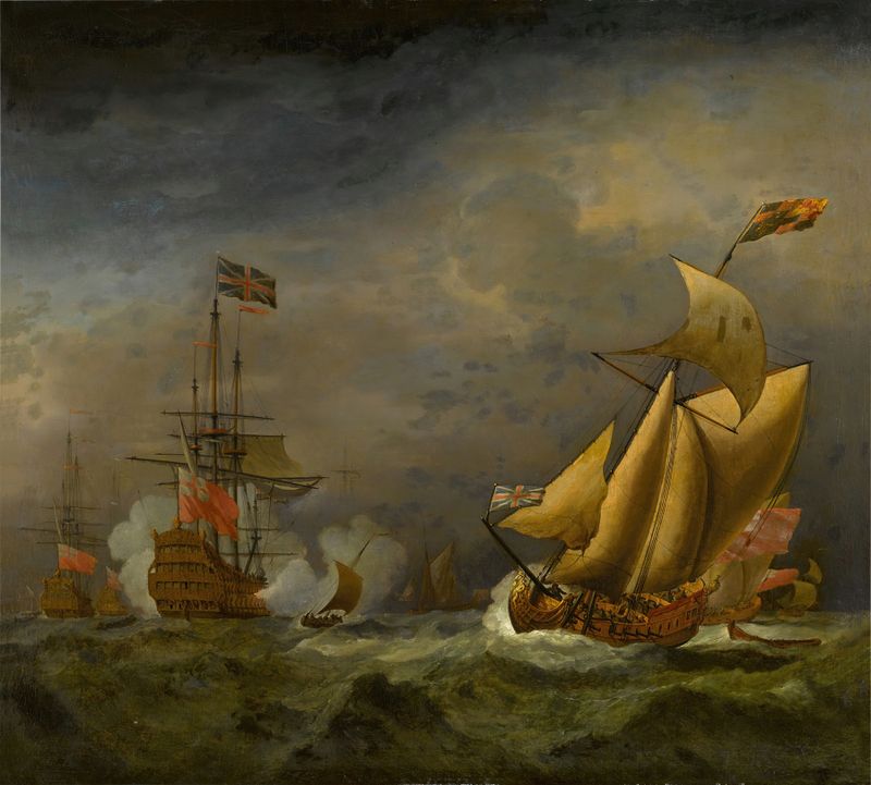 Um navio de guerra inglês e um iate real em mares agitados, óleo sobre tela de Circle of Willem van de Velde the Younger.