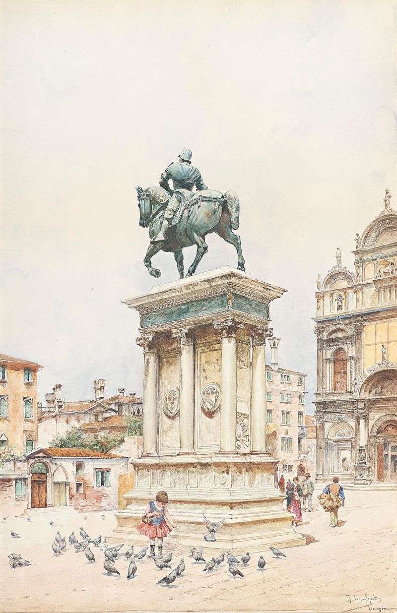Campo San Zanipolo by Rafael Senet y Perez, oil painting depicting a canal and church architecture