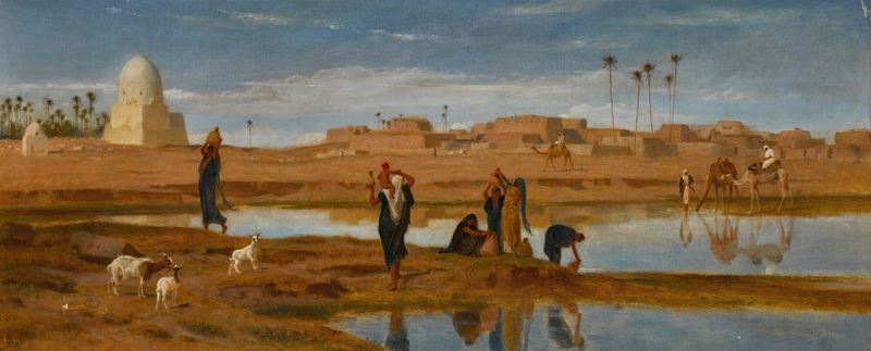 Oil painting by Frederick Goodall depicting the Nile river with lush greenery and light.