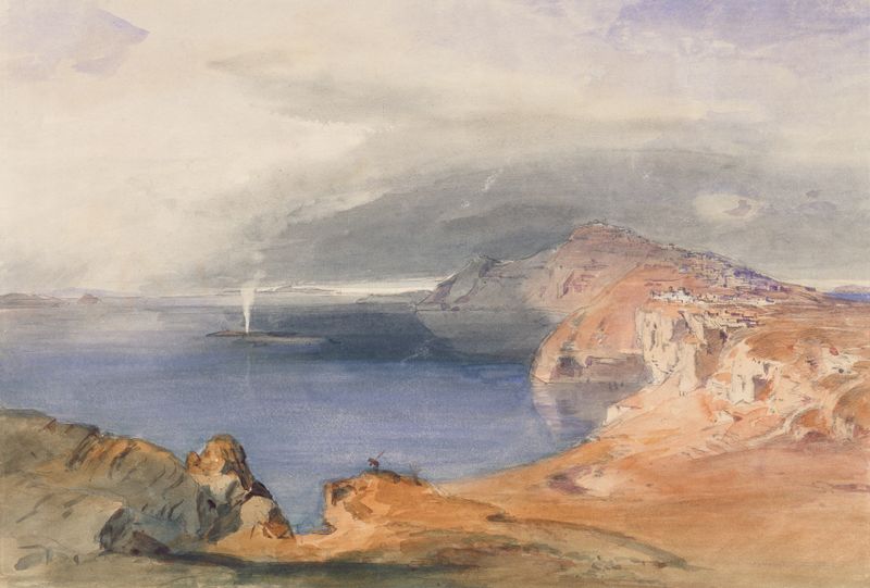 Santorini de Carl Rottmann, óleo sobre lienzo, que representa acantilados y el mar Egeo.
