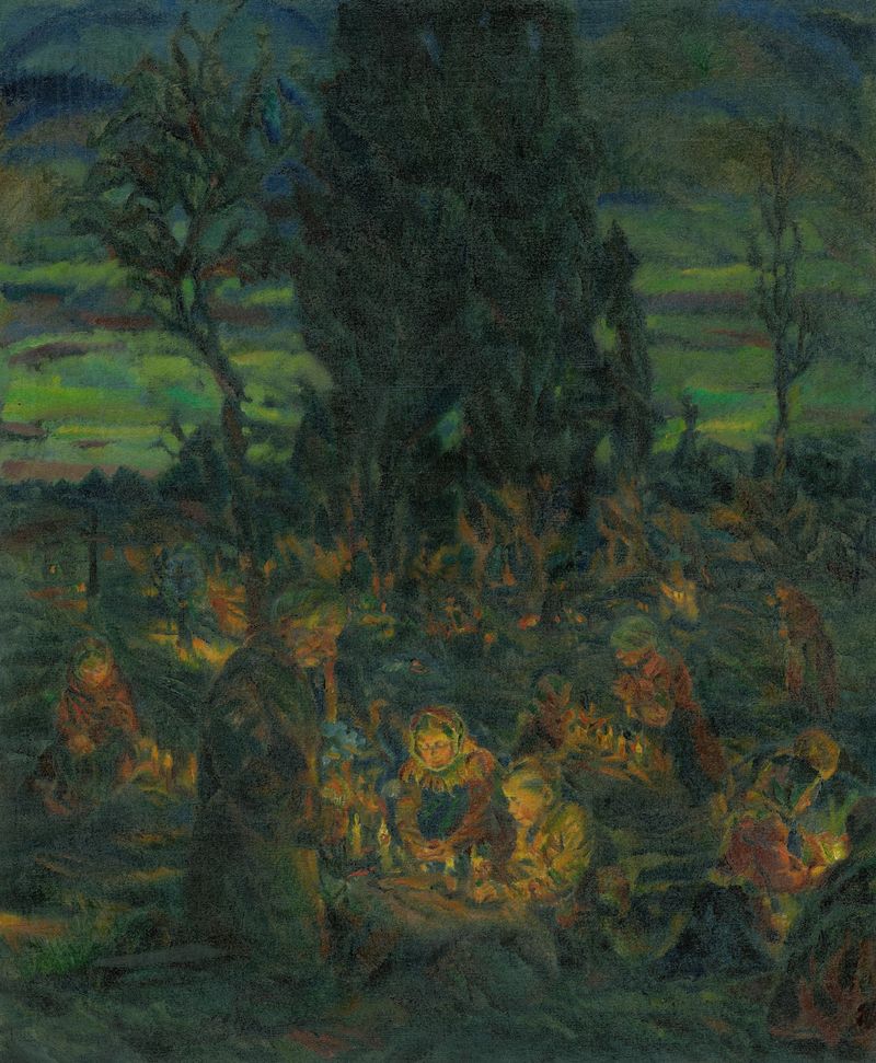 Figura solitária em uma paisagem suave, pintura a óleo de Gustáv Mallý