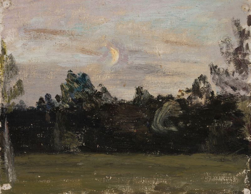 Moonlit evening in Maryino de Jan Ciągliński, óleo sobre lienzo que muestra un río tranquilo al anochecer.