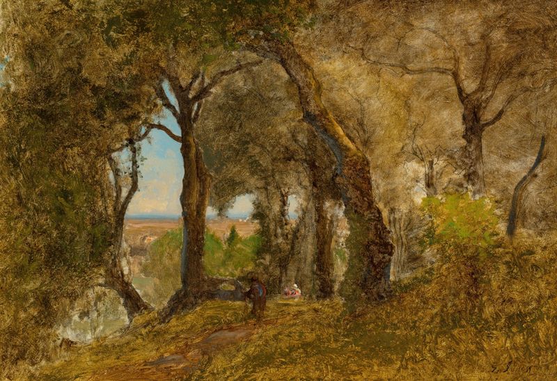 Olives, Albano, Italy de George Inness, óleo sobre lienzo que representa un olivar con sombras y hojas plateadas.