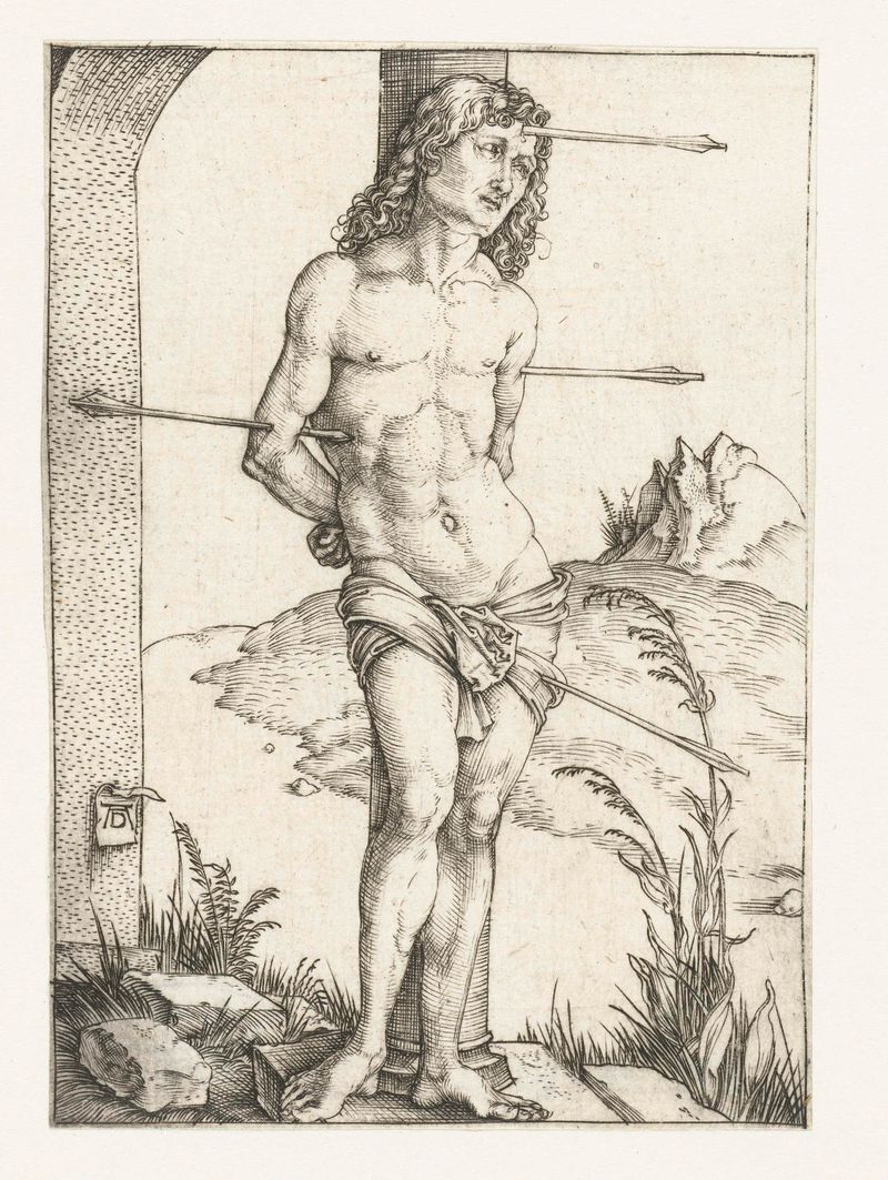 Heilige Sebastiaan engraving by Albrecht Dürer depicting Saint Sebastian pierced by arrows.