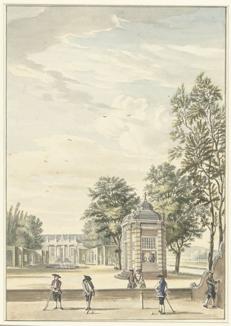 Gezicht op een buitenplaats met vier kolfspelers, oil on canvas by Cornelis Troost