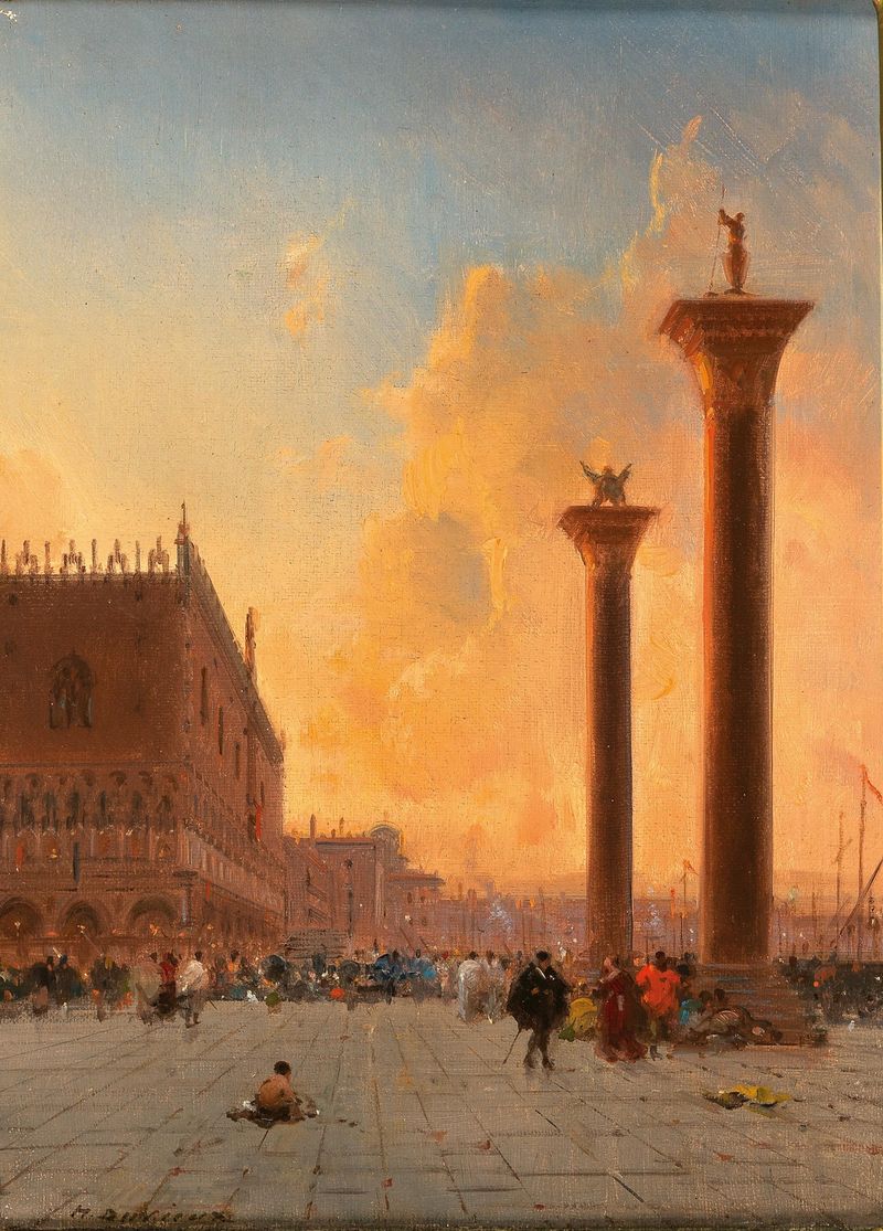 Venice, St Mark’s Square by Henri Duvieux, impressionism, depicting reflections and St. Mark's Basilica