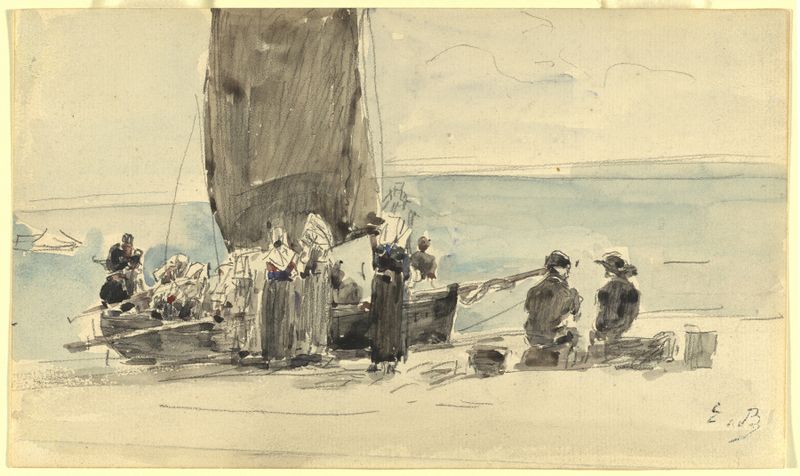 Cargando los Barcos, óleo sobre lienzo de Eugène Boudin, que muestra figuras y barcos bajo un cielo pastel.
