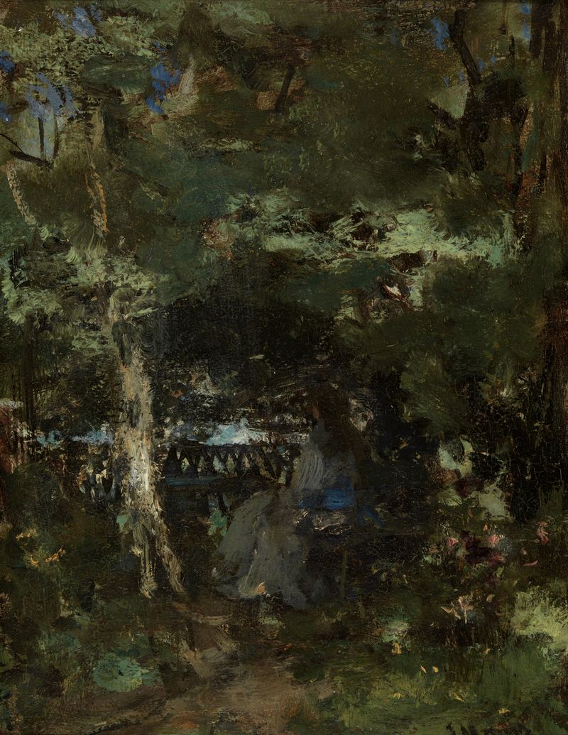 Pintura figurativa al óleo de Jacob Maris que muestra a una mujer sentada en un banco en un parque.