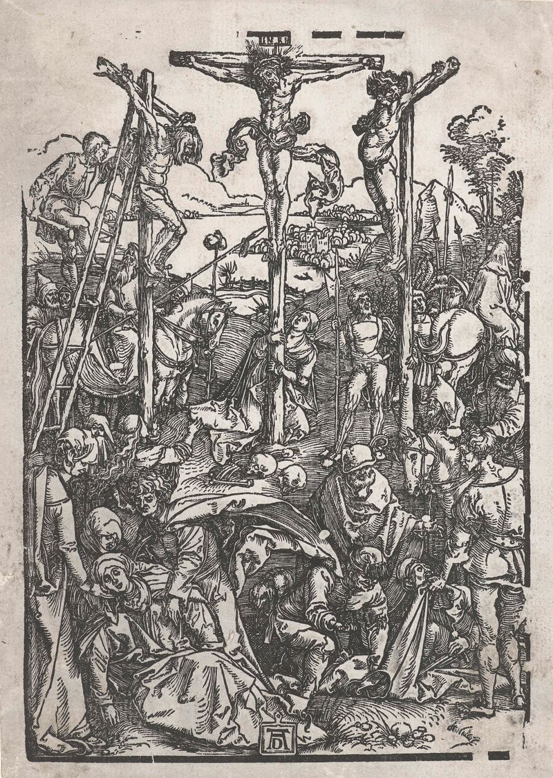 Kruisiging de Albrecht Dürer, grabado en papel que muestra la crucifixión de Cristo en un paisaje oscuro.