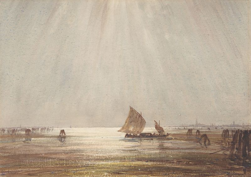 Barco de pesca veneciano de Félix Ziem, Impresionismo, representando un barco en aguas brillantes