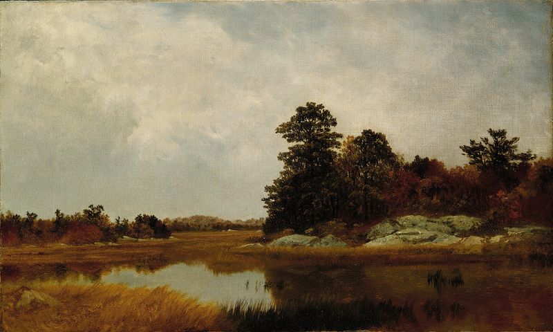 Octubre en los Pantanos, óleo sobre lienzo de John Frederick Kensett, que representa un sereno paisaje otoñal con agua.