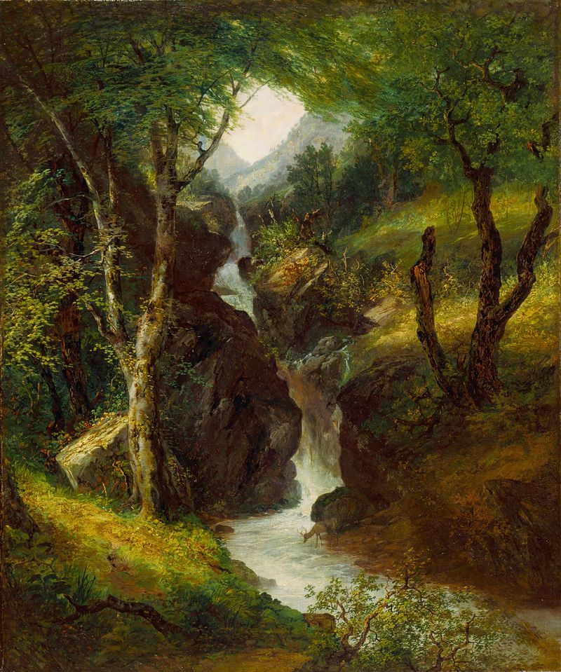 Cascade in the Forest, pintura a óleo de John Frederick Kensett, retratando uma cachoeira em uma floresta exuberante.