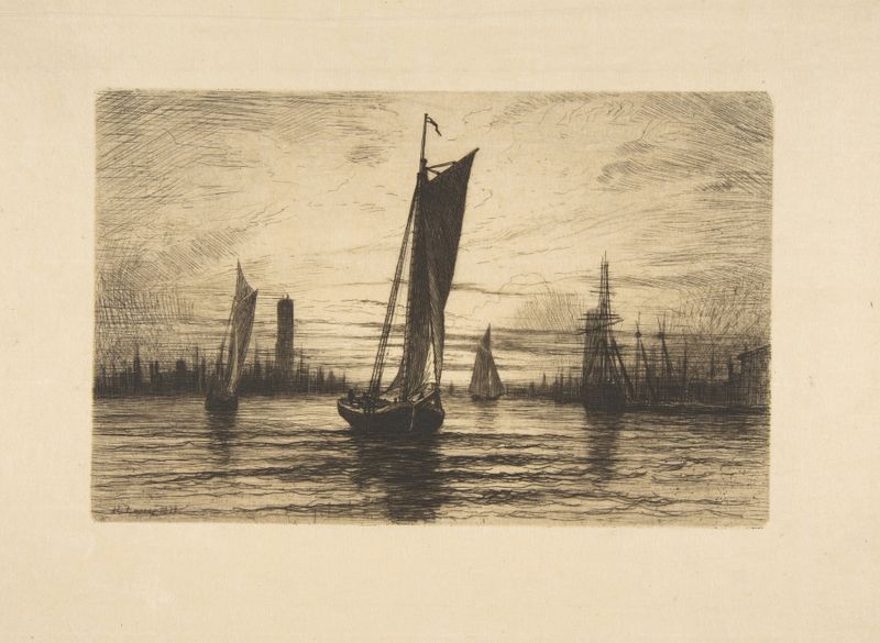 Sunset on the East River by Henry Farrer, oil painting depicting a river at twilight with dramatic clouds.