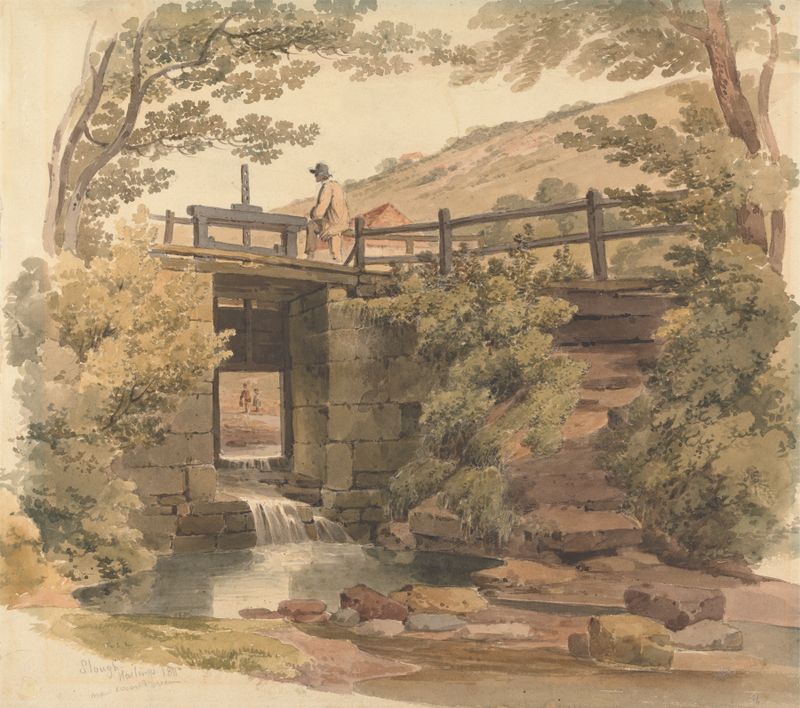 The Sluice Gate near Slough, a landscape by Paul Sandby Munn, depicting a tranquil waterway.