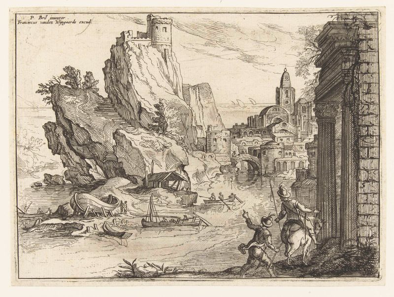Rotskust van Campania met stad en reizigers, gravura de Unknown Artist mostrando uma cena costeira com viajantes.