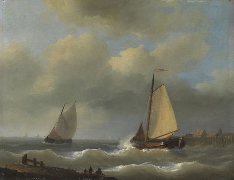 Riviergezicht de Petrus Johannes Schotel, representando una escena de río serena, pintura al óleo