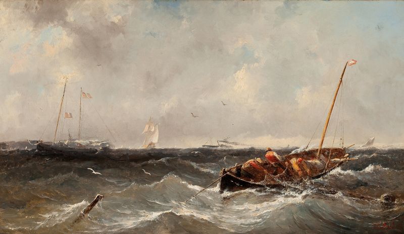Fishermen hauling a net in the sea, oil painting by Albertus Van Beest