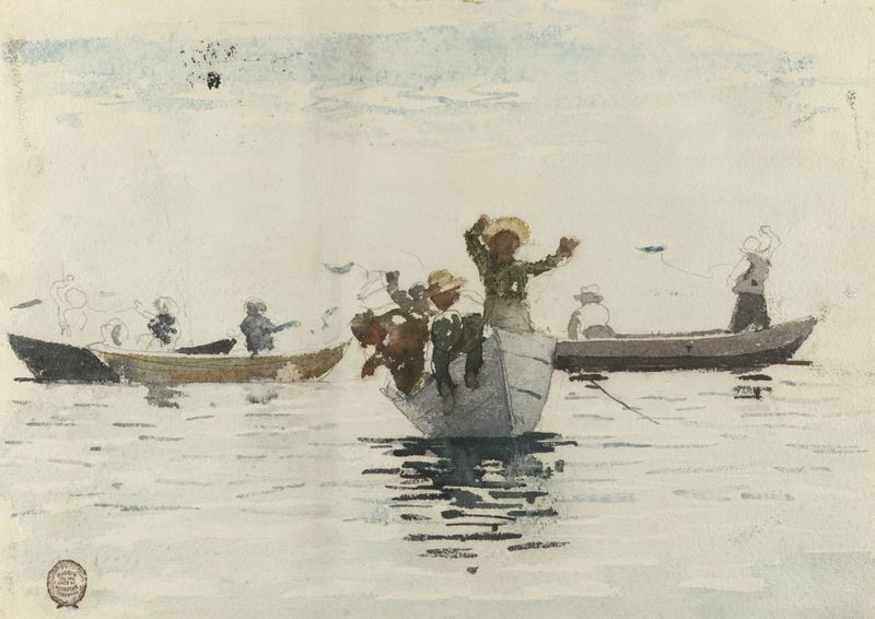 Cuatro Botes a Remo con Niños de Winslow Homer, pintura al óleo que muestra niños en botes en el agua