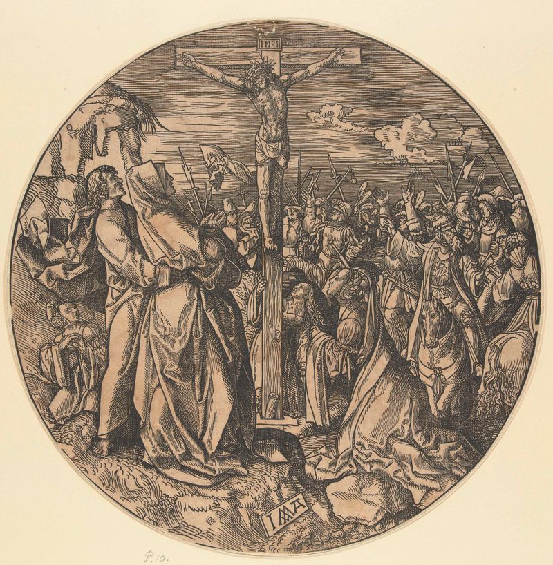 Christus aan het kruis, paper artwork by Jacob Cornelisz van Oostsanen, depicting Christ on the cross.