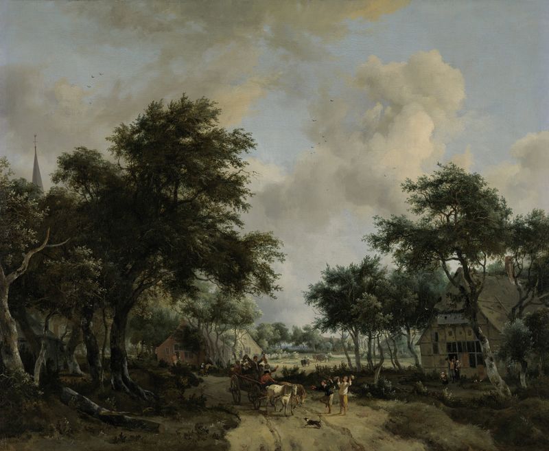 Paisaje boscoso con gente divertida en un carro, pintura al óleo de Meindert Hobbema