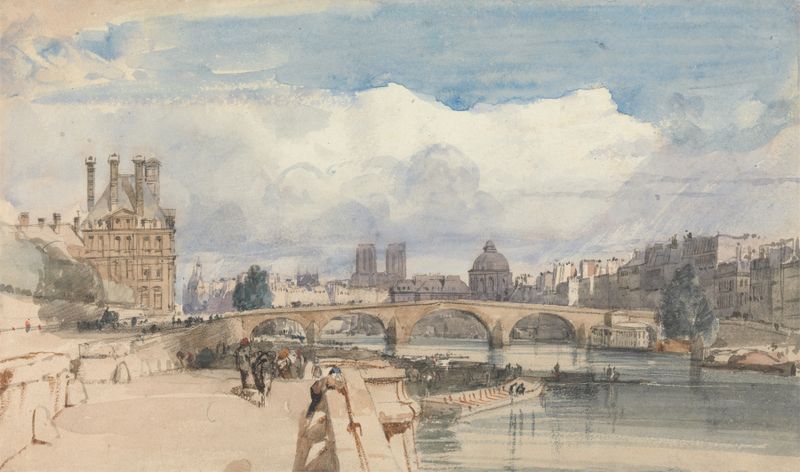 Le Pont Royal, Paris de Thomas Shotter Boys, óleo sobre tela, representando uma ponte ao crepúsculo.