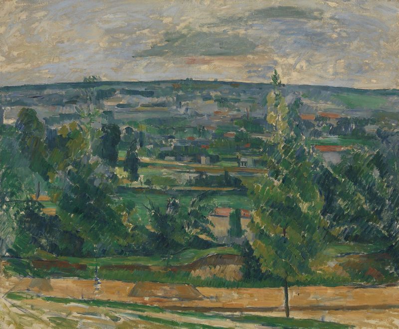 Landscape from Jas de Bouffan, óleo sobre tela de Paul Cezanne mostrando colinas e luz do sol.