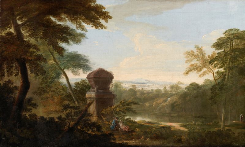 An Italianate landscape with figures by a tomb, oil painting by James Forrester