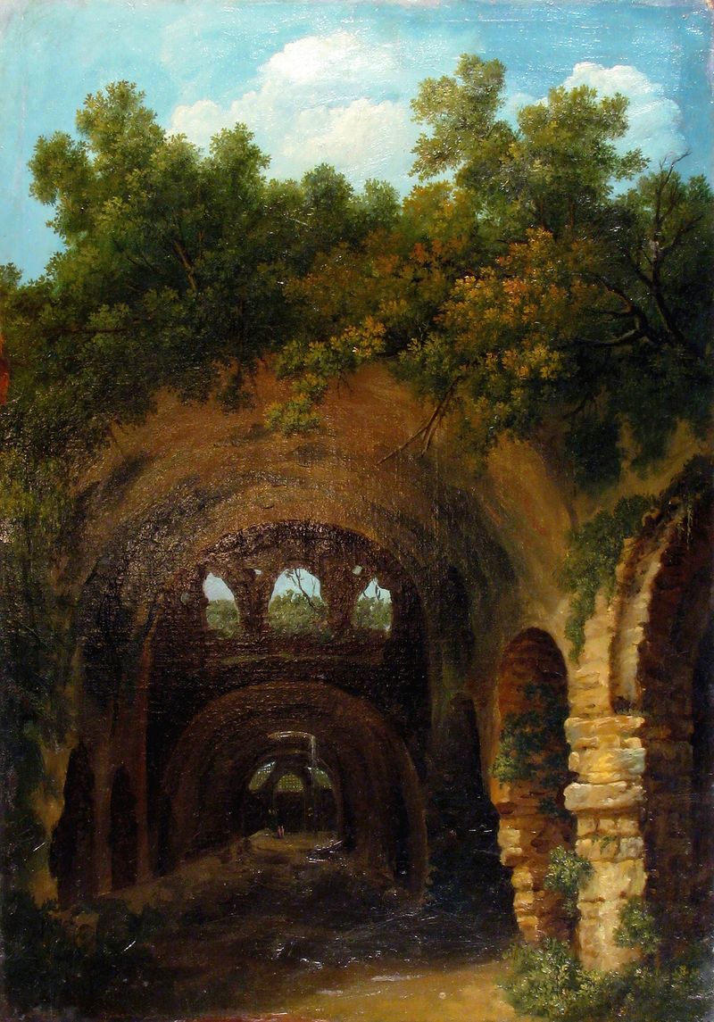 Ruins of a Roman Bath de Louis Gauffier, óleo sobre lienzo con columnas y arcos intrincados