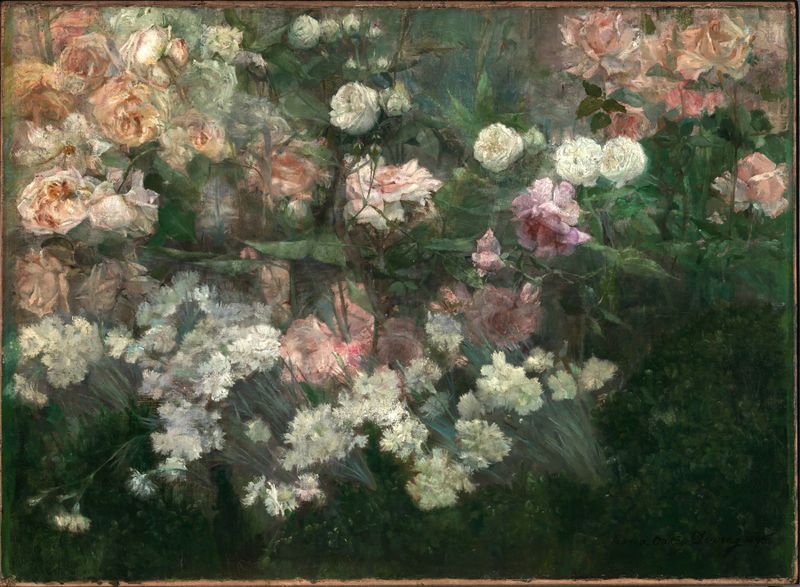 Jardín en mayo de Maria Oakey Dewing, óleo sobre lienzo que muestra mujeres entre flores en flor.