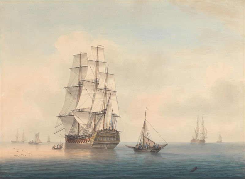 A Warship Preparing to Leave the Anchorage, oil on canvas by Samuel Atkins