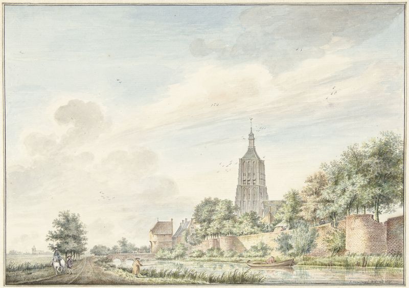 Landscape oil painting by Jacobus Versteegen depicting city walls and a skyline