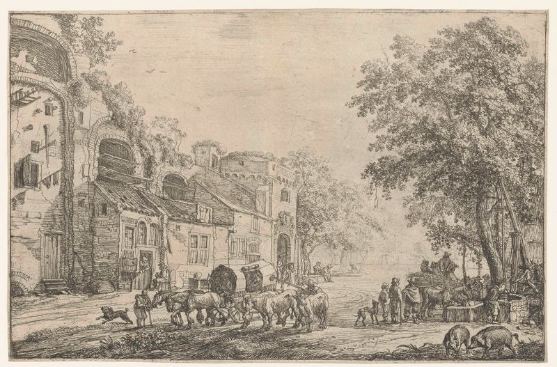 Etching by Simon de Vlieger depicting a city pathway under stormy clouds