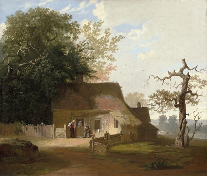 Cottage Scenery by George Caleb Bingham, oil painting of a cottage surrounded by greenery and sunlight.