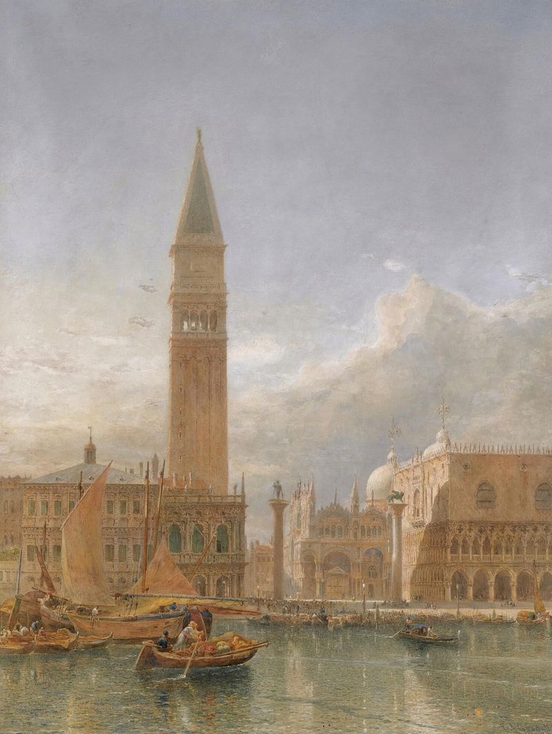 Piazzetta San Marco, oil on canvas by Edward Angelo Goodall, depicting Venetian architecture and canals.
