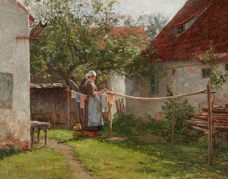 Duas mulheres lavando roupas em um riacho em uma pintura a óleo de John Ottis Adams