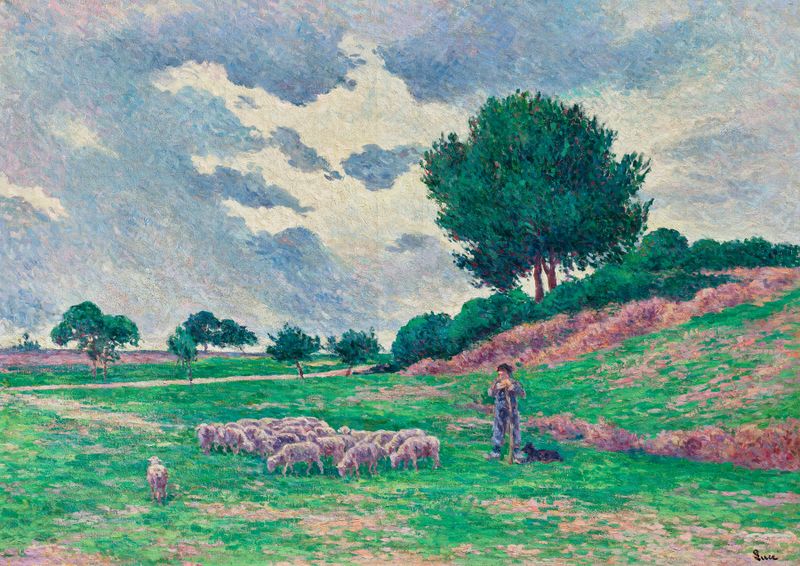 Óleo sobre tela de Maximilien Luce retratando ovelhas pastando em um prado.