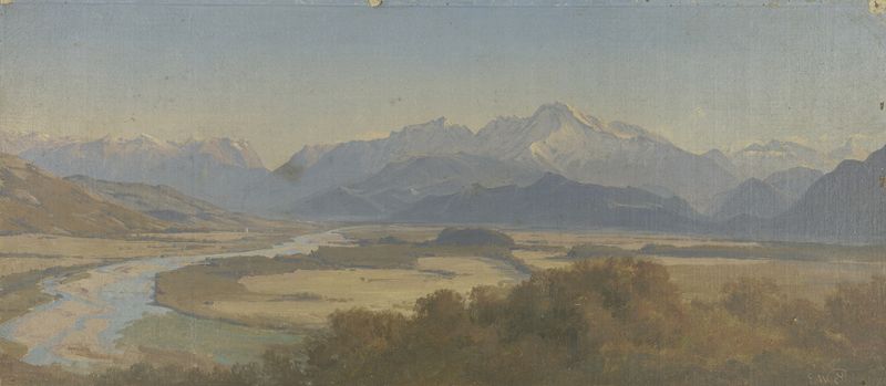 Mountainscape by Eduard Wilhelm Pose, oil on canvas depicting mountains and sky.