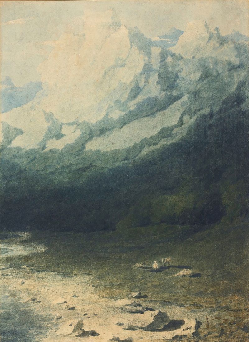Paisagem alpina óleo de Circle of Joseph Mallord William Turner com montanhas e vales.