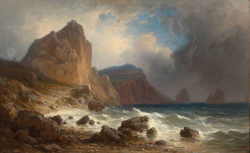 Marina Piccola, Capri de Antal Ligeti, óleo sobre lienzo que representa acantilados costeros y luz solar.