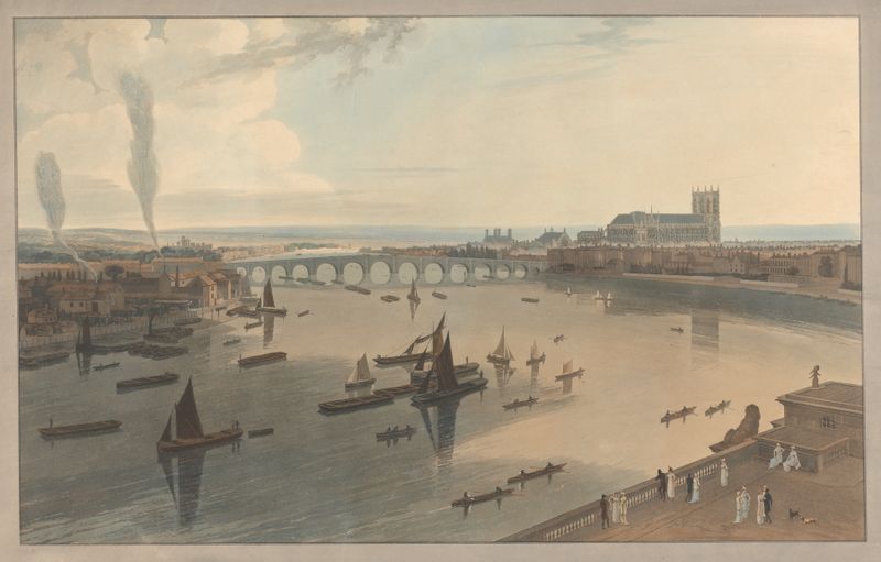 Westminster Bridge and the Abbey by William Daniell, oil painting depicting a lively London scene