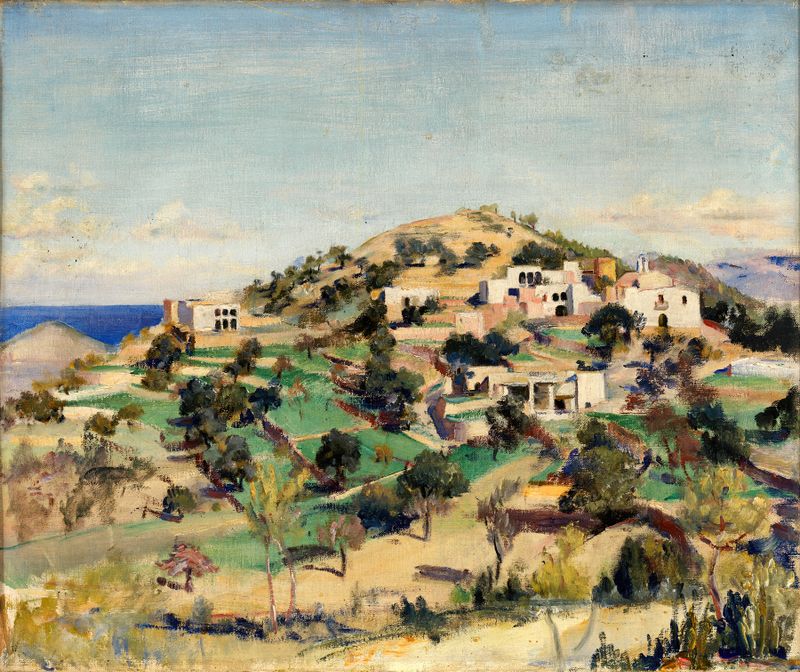 Landscape featuring a hill with white houses, oil painting by Eleanor Harris