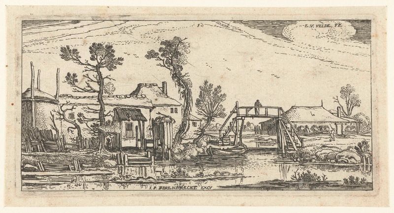Gravura de Esaias van de Velde representando um canal, uma casa de campo e um pôr do sol