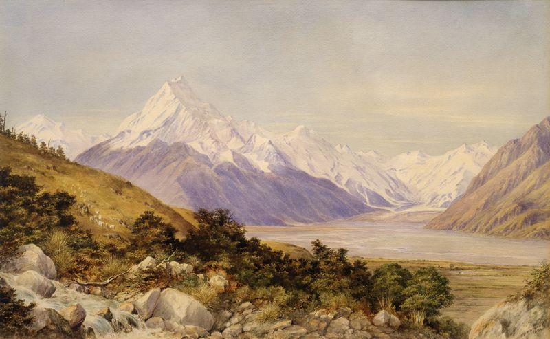 Mt. Cook by Charles Decimus Barraud, oil on canvas depicting a mountain landscape.