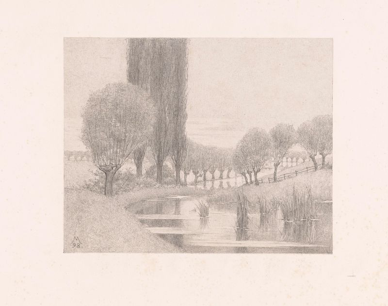 Paisaje con sauces y álamos a lo largo de un río de Simon Moulijn, pintura al óleo