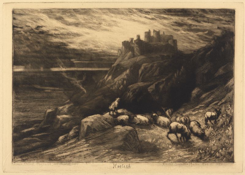 Gravura de Francis Seymour Haden retratando uma paisagem serena com árvores e água.