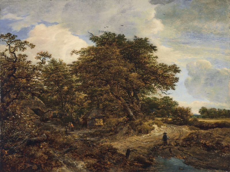 Paisaje boscoso con cabañas, una figura y perros en un camino de tierra, óleo sobre lienzo de Jacob van Ruisdael.